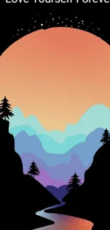 Stylized sunset over mountains with motivational text.