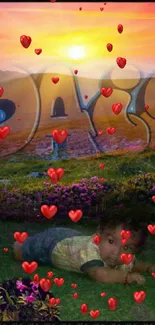 Vibrant sunset with graffiti text art in a floral landscape.