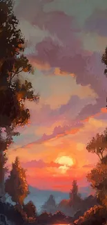 Vibrant sunset in a forest landscape mobile wallpaper.