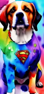 Colorful cartoon dog with superhero costume, vibrant and playful.