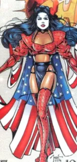 Colorful superhero comic art illustration with red, white, and blue design.