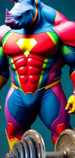 Vibrant superhero rhino in colorful costume with weights.