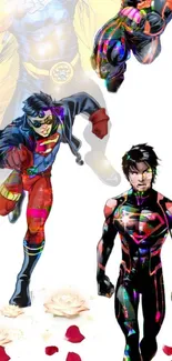 Three superheroes in colorful costumes with floating rose petals.