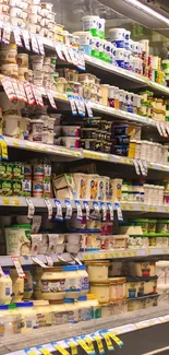 Colorful supermarket aisle filled with a variety of packaged goods on display.