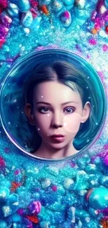 Surreal woman portrait on blue gem background.