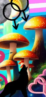 Vibrant surreal forest wallpaper with mushrooms and pride symbols.