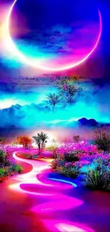 Vibrant surreal landscape with neon colors and crescent moon.