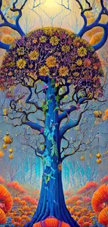 Surreal tree with vibrant colors in a fantasy-themed mobile wallpaper.