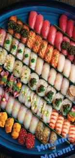 Vibrant sushi platter showcasing assorted colorful pieces on a round blue serving dish.