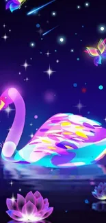 Colorful neon swan fantasy wallpaper at night.