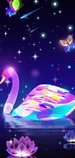 Neon swan with butterflies and lotus under a starry night sky.