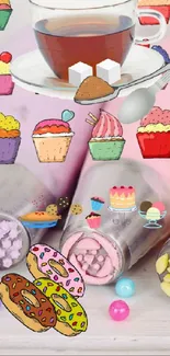 Colorful sweets and tea mobile wallpaper with cupcakes and candies.