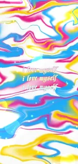 Colorful abstract swirl wallpaper with motivational text on mobile screen.