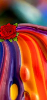 Colorful abstract swirl background with a red rose.