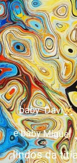 Vibrant swirl abstract wallpaper with yellow, blue, and red patterns.