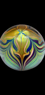 Colorful abstract sphere with vibrant swirls on a black background.