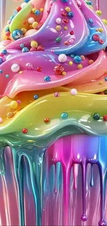 Colorful candy swirl ice cream wallpaper with glossy drips.