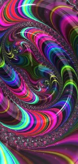 Colorful, abstract mobile wallpaper with swirling neon patterns in hot pink and rainbow.