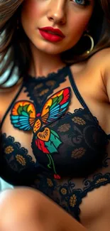 Intricate lace and colorful tattoo design on a woman's attire.