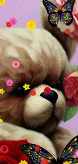 Teddy bear with flowers and butterflies on colorful background.