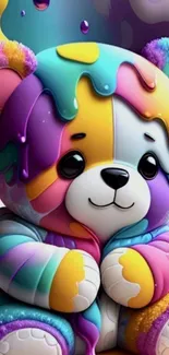 Colorful teddy bear with rainbow splashes, perfect for mobile wallpaper.