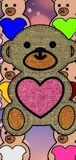 Colorful teddy bears with heart designs on a vibrant background.