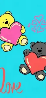 Cute teddy bears with hearts on vibrant blue background.