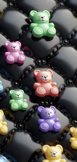 Colorful teddy bears on a quilted background.