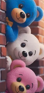Three teddy bears in pink, blue, and white peeking from a brick wall.