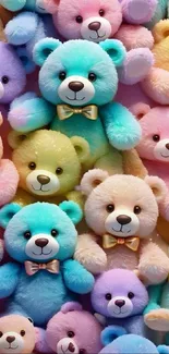 Colorful pastel teddy bears in a playful arrangement.
