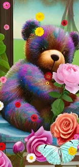 Colorful teddy bear with flowers and butterfly