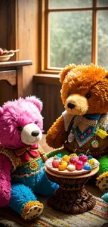 Two colorful teddy bears enjoying a tea party by a wooden window.