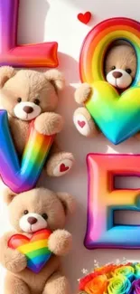 Cute teddy bears with rainbow letters spelling LOVE.