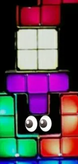 Vibrant Tetris blocks with eyes and colorful tiles.