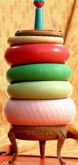 Stack of textured colorful rings on a decorative pedestal.