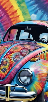 Vibrant tie-dye car in rainbow hues