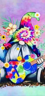 Colorful gnome with tie-dye hat and guitar, surrounded by flowers.