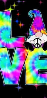 Colorful tie-dye gnome with peace symbol on black background.