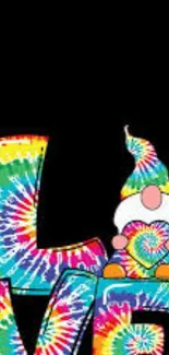 Colorful tie-dye gnome with love design on black background.