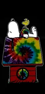 Snoopy on tie-dye house, vibrant mobile wallpaper design.