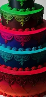 Colorful tiered cake wallpaper with red, blue, and green layers.