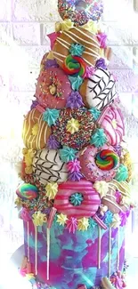 A colorful, tiered cake with donuts and candies against a white brick wall.