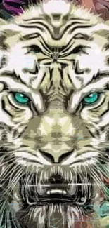 Abstract colorful wallpaper featuring a white tiger with blue eyes.