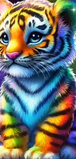 Vibrant and colorful illustration of a cute tiger cub with rainbow colors.