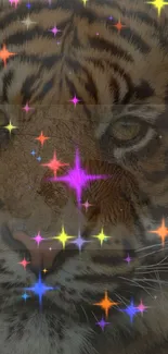 Tiger face with colorful stars on wallpaper.