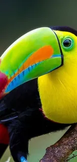 Vibrant toucan with colorful beak on a branch.