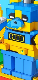 Colorful toy block character with blue and yellow hues.