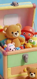 Colorful toy chest filled with plush toys.