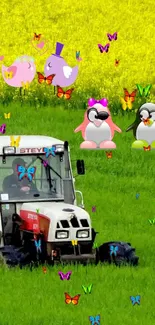 Colorful tractor in a field with cartoon birds and butterflies.