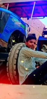 Young man sitting against a blue tractor tire in a vibrant, colorful scene.